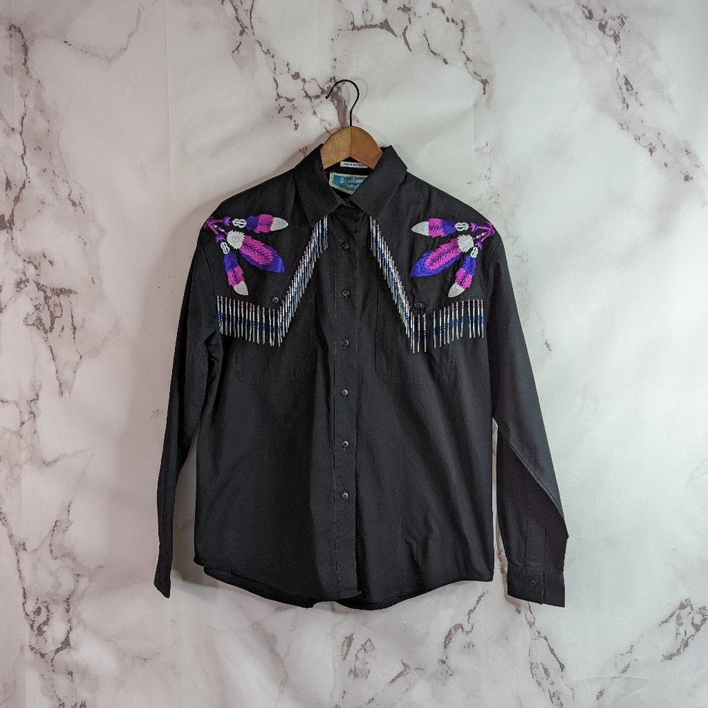 Vintage 90s South Western Button Up Medium Embroider Bead Feather Shirt Women